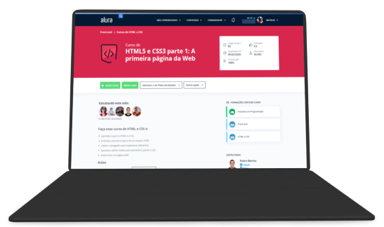 Uma imagem do curso HTML5 e CSS parte 1 da Alura aberto num notebook