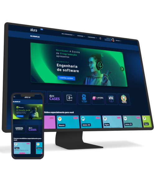 Imagem do site do Alura+ abertos nas versões de monitor e smartphone